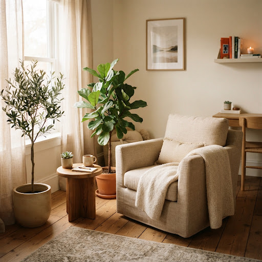 Fauteuil et plantes dans un espace d’écoute lumineux